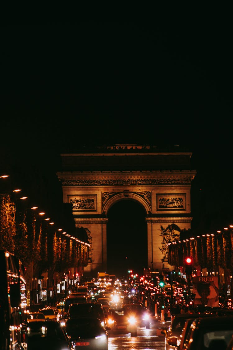 Arc De Triomphe At Night, Paris, France