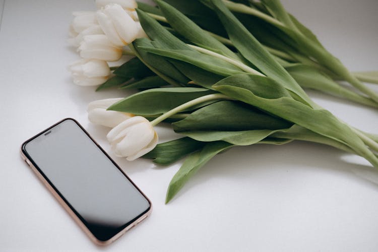 A White Phone With A White Flower On It Next To A White Tulip