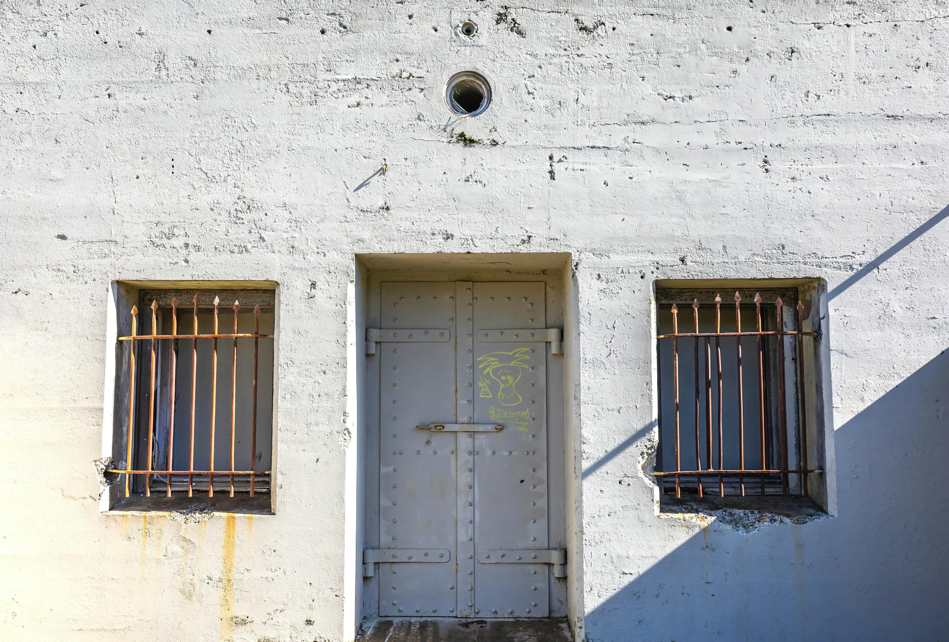 A heavy steel door with iron bars in a concrete urban setting, exuding vintage charm.