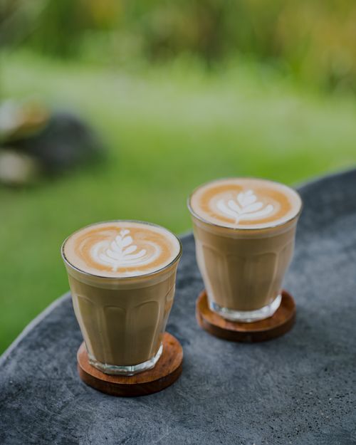 Free Two glasses of latte art coffee on a table outdoors, showcasing intricate leaf designs. Stock Photo