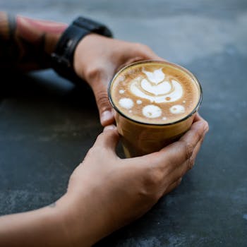 A close-up of a cappuccino with latte art, held by tattooed hands on a dark surface.