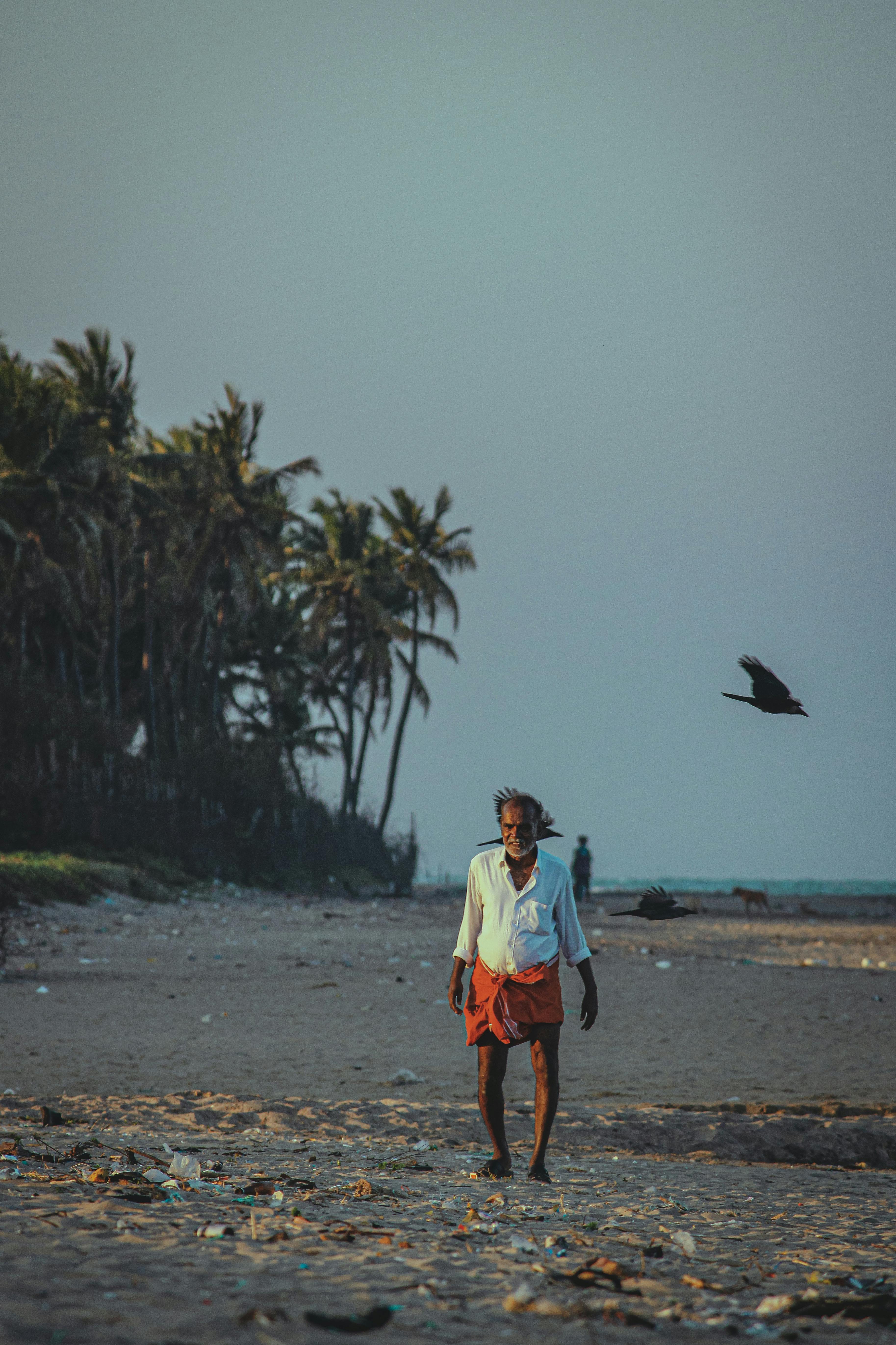 Old Man Walking Sand Beach on Sunset · Free Stock Photo