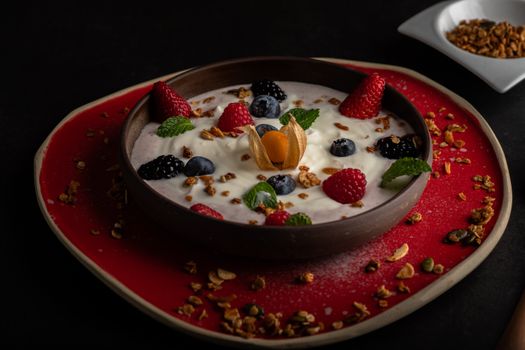 Indulge in this yogurt bowl topped with fresh berries, granola, and mint on a striking red plate.