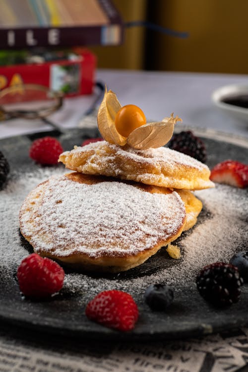 Free Delicious Pancakes with Fruits on Plate Stock Photo