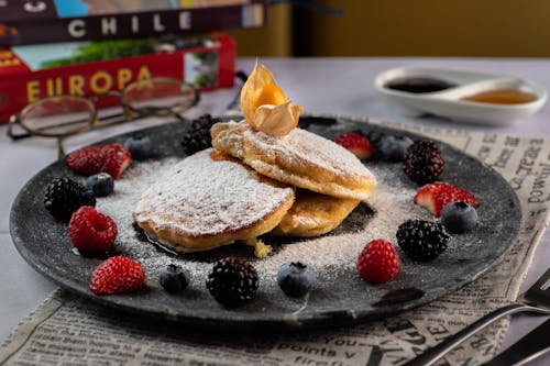Free Fluffy Pancakes with Fruits on Plate Stock Photo