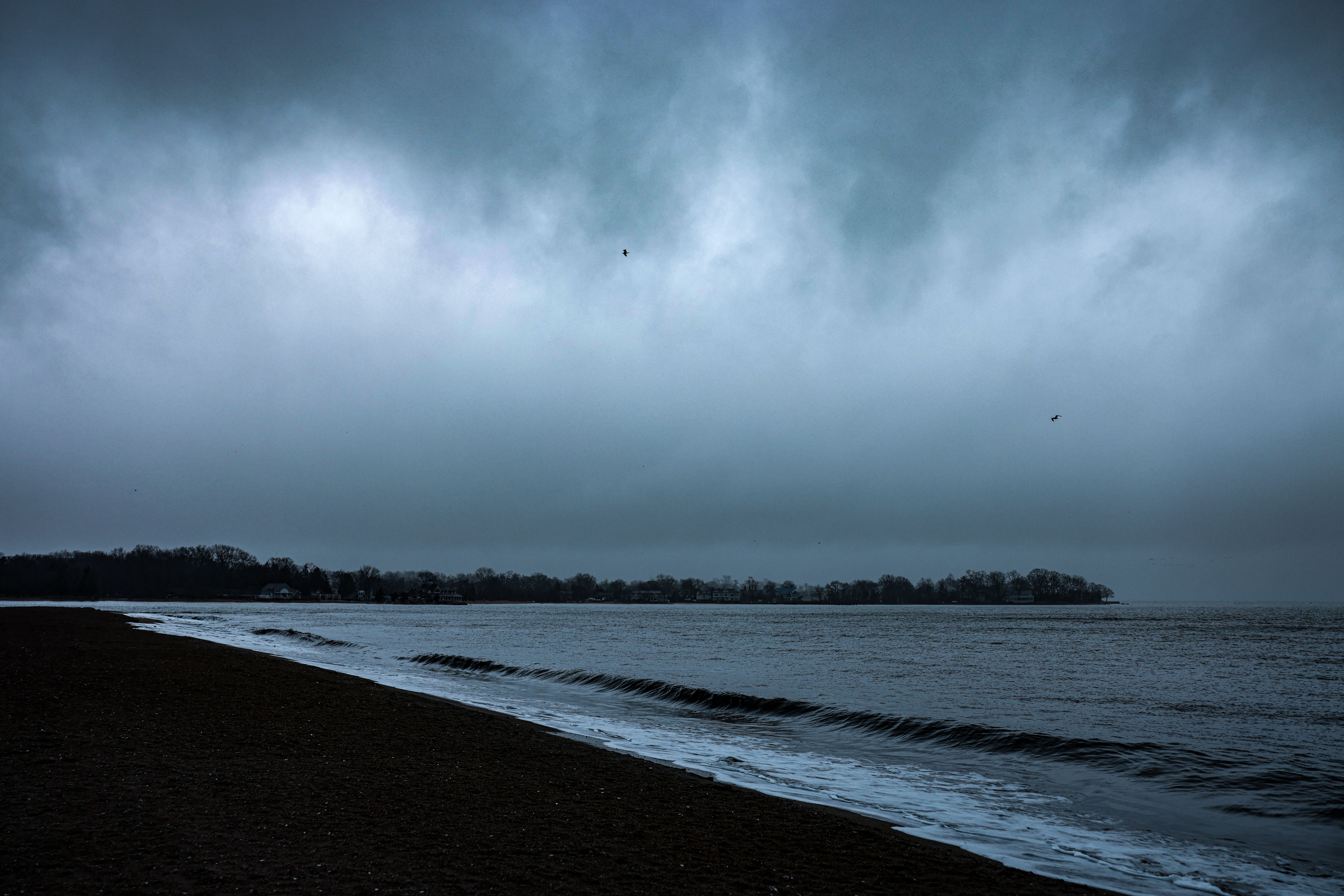 View of a Beach and Sea under a Dark, Cloudy Sky · Free Stock Photo