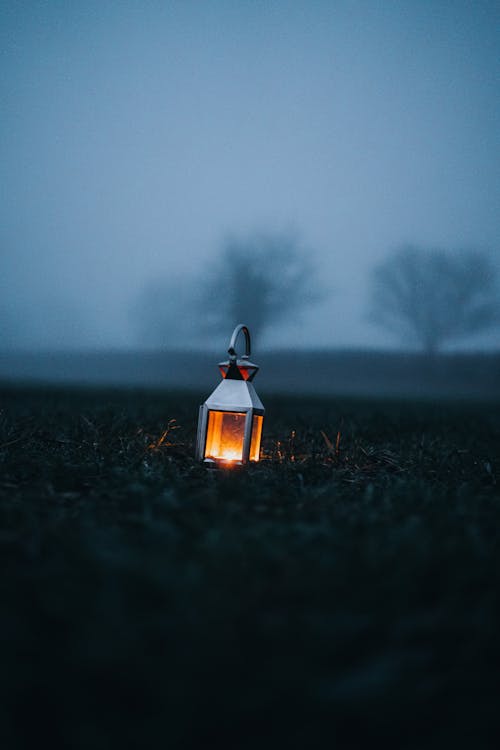 Close-up of a Lantern Standing on a Dark Meadow 