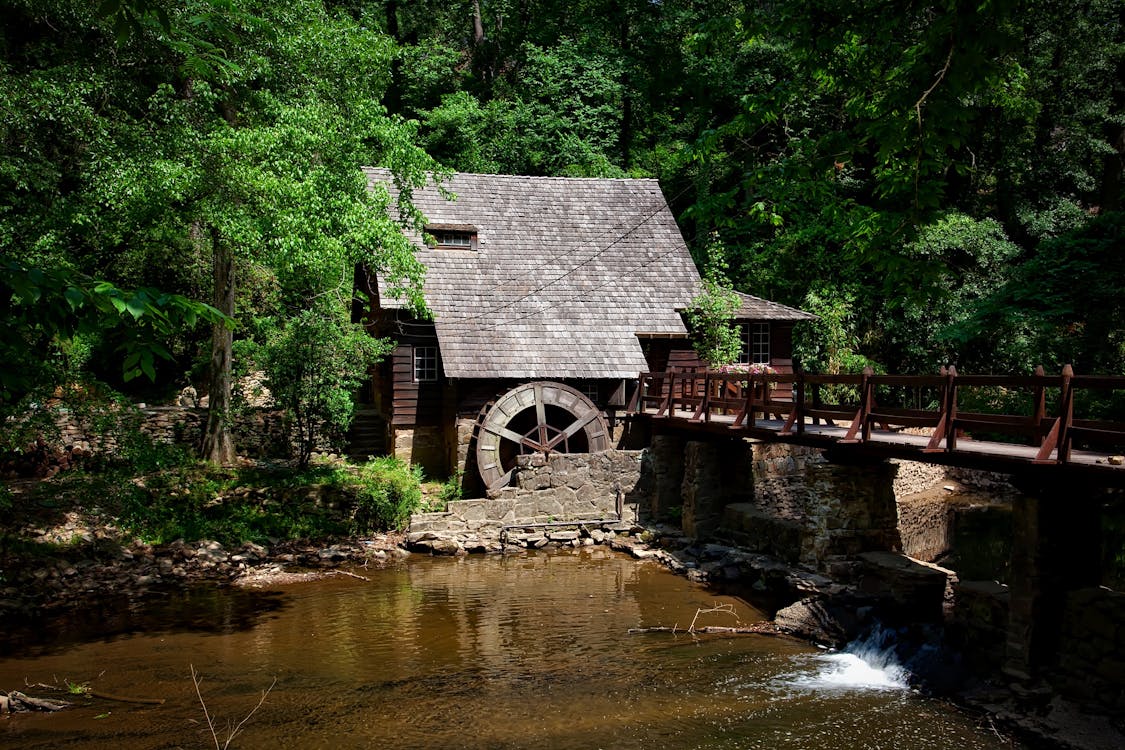 Casa Marrom Perto Das árvores E Ponte Do Rio