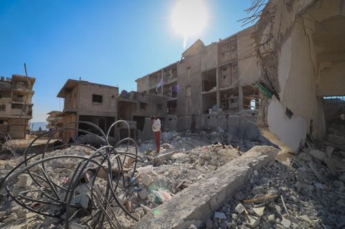 Free A destroyed urban area in Idlib, Syria depicting the aftermath of conflict and devastation. Stock Photo