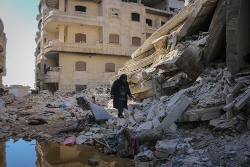 Free A scene of destruction in Idlib, Syria, shows the aftermath of urban conflict with debris and ruined buildings. Stock Photo