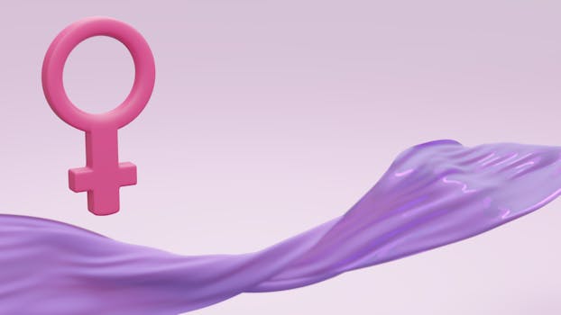 Pink female gender symbol with elegant purple fabric on a pastel background.
