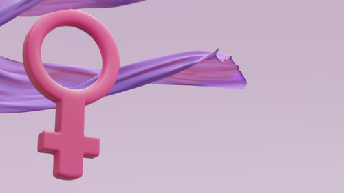 Free 3D pink female gender symbol with flowing purple wave background, minimalistic and vibrant. Stock Photo