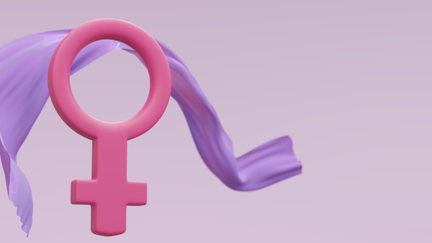 Pink 3D Venus symbol with flowing purple fabric on pastel background.
