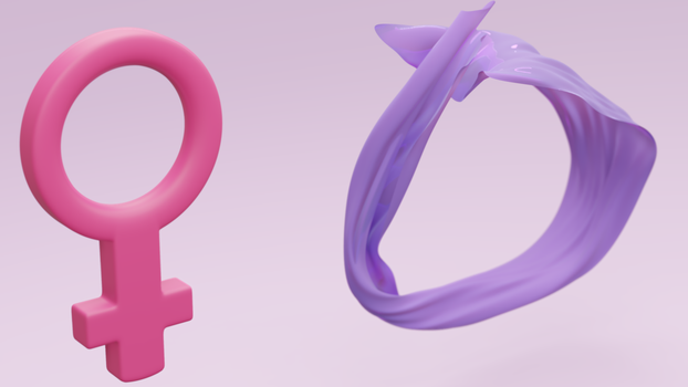 Colorful 3D illustration of a pink female symbol with abstract shapes on a pastel background.