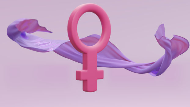 3D rendering of a pink female symbol with swirling purple fabric on a soft background.