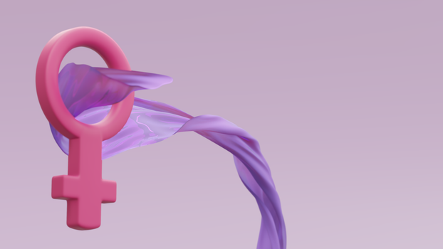 Abstract image of a pink feminine symbol with flowing purple fabric on a pastel background.