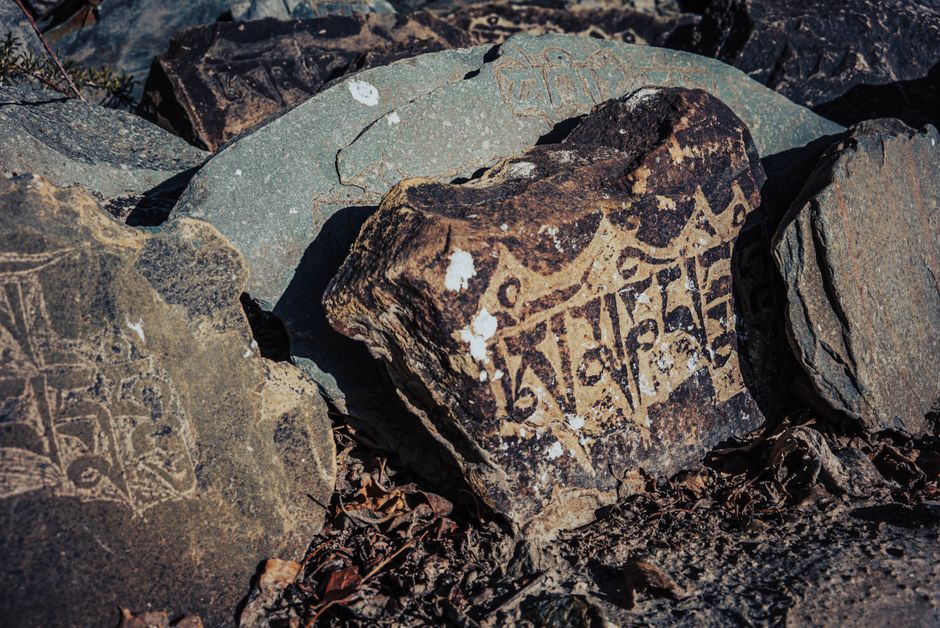 Close-up of ancient inscriptions on rocks in Ladakheda, India, showcasing cultural heritage.