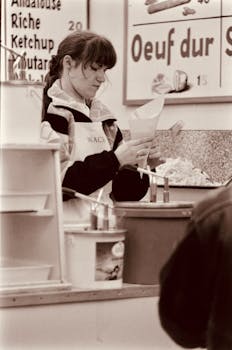 A woman preparing food at a street market stall in sepia tone, capturing the essence of street food culture.