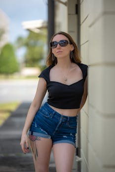 Confident woman in summer outfit leaning against a wall outdoors, wearing sunglasses.