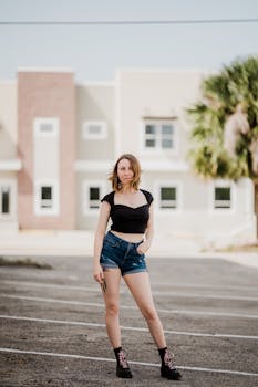 Casual urban fashion shot of a young woman in shorts and black top in a cityscape setting.