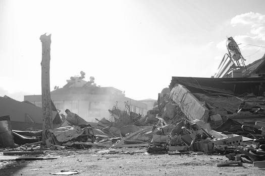 Black and white image of earthquake aftermath showing debris and ruins in urban Turkey.