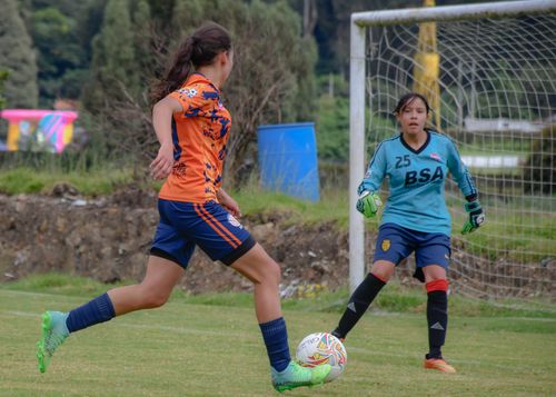 Free Two young female athletes engaged in a lively soccer match outdoors. Stock Photo