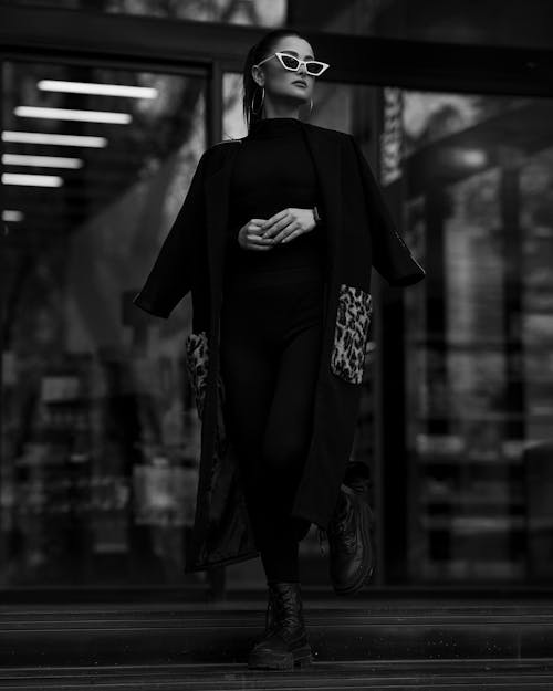 Woman in Coat in Black and White