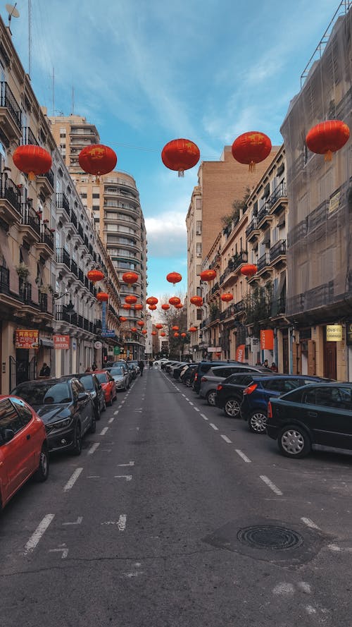 Red Lanterns Hanging over Avenue in Valencia, Spain