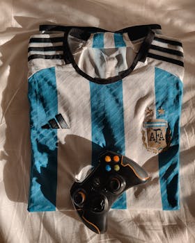 Argentina football jersey and gaming controller on a bed, bathed in warm sunlight.