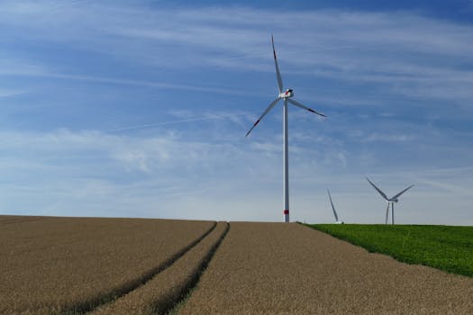Wind turbines amidst expansive fields under a clear blue sky, illustrating renewable energy and sustainable farming.