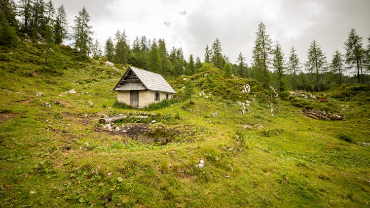 Mountain Hut Stands Near A Pine Forest Covered Mountain In The Tranquil Julian Alps En Route To The Triglav Seven Lakes, Triglav National Park, Slovenia.