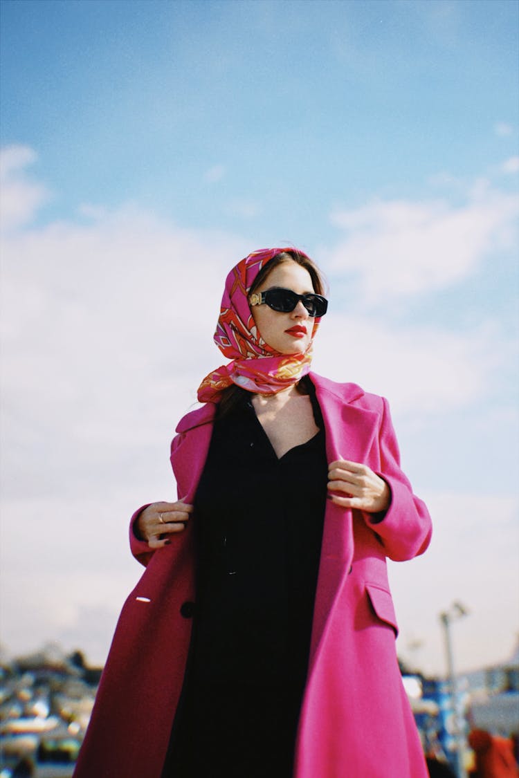 Woman Posing In Coat And With Shawl