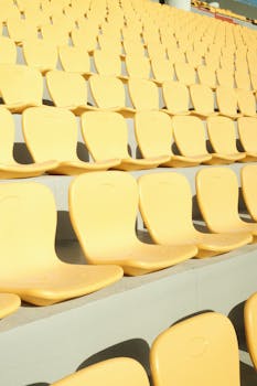 Empty yellow stadium seats in neat rows captured in bright daylight.