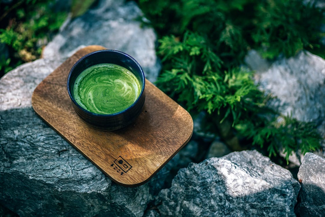 Matcha Drink on a Wooden Tray