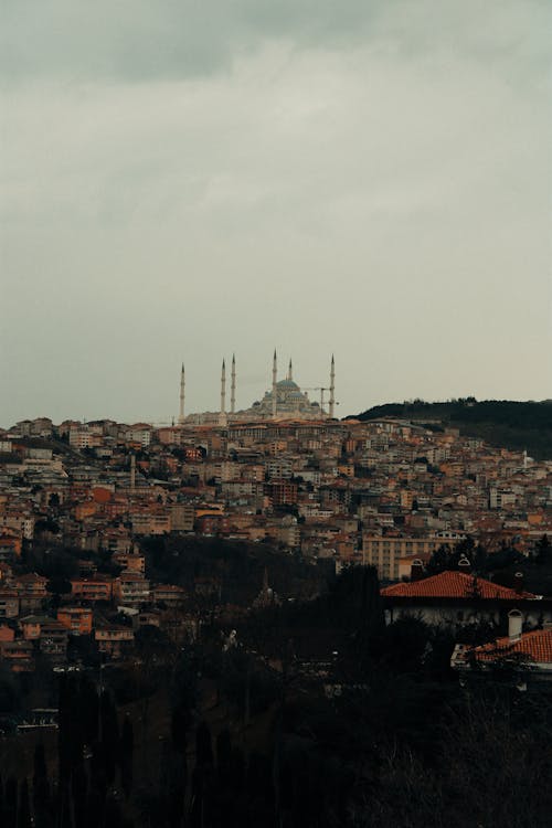 View of Buildings on a Hill and the Camlica Mosque in Istanbul, Turkey 