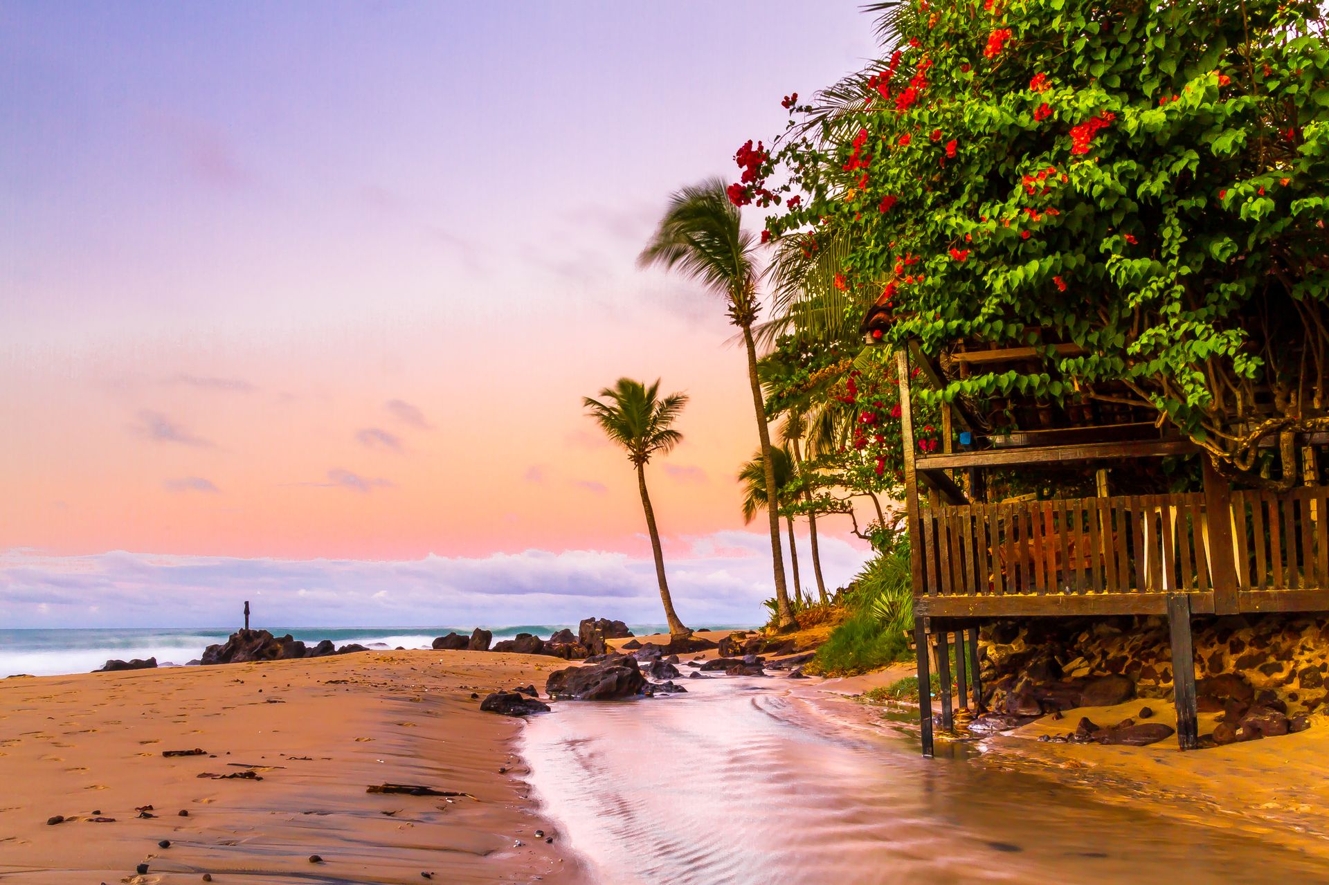 Scenic view of Baia Formosa beach at sunset with palm trees and vibrant sky.