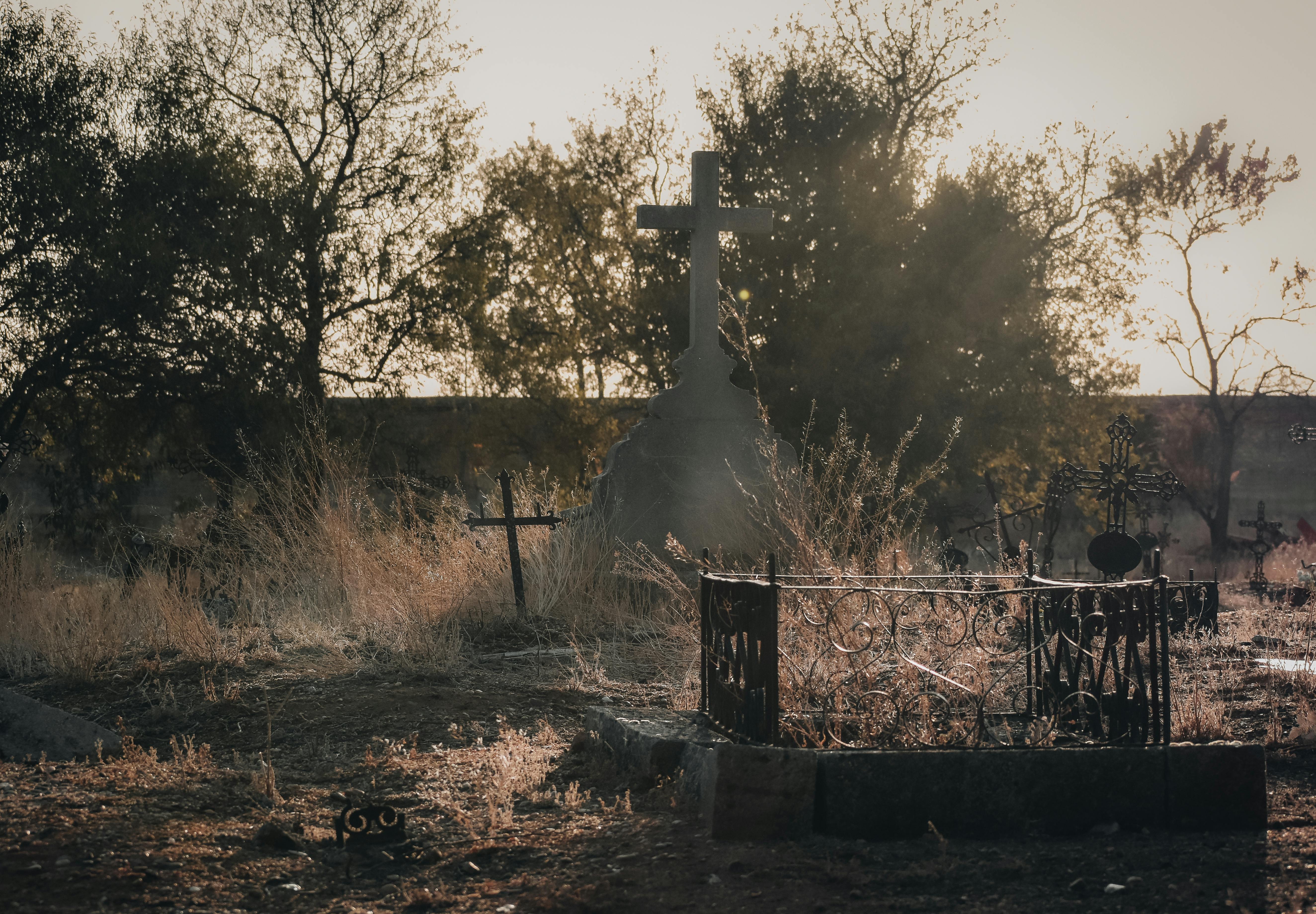 Dark and mystical scene in a cemetery under the full moon on Craiyon