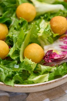 Vibrant salad with golden fried cheese balls for a fresh lunch.