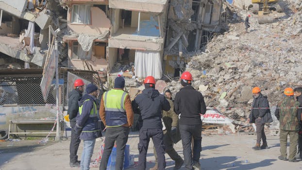 Emergency workers assess damage at an earthquake site with urban ruins.