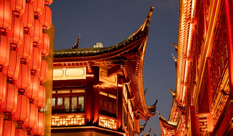 Illuminated Buildings In Yu Garden, Shanghai, China 