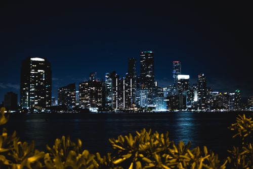 Free Captivating night view of Miami's skyline with shimmering city lights reflecting on the water. Stock Photo