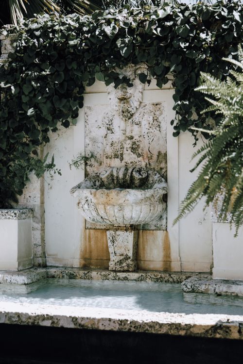 Free Stone fountain adorned with lush ivy and ferns in a serene urban setting, perfect for tranquil garden themes. Stock Photo