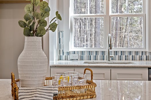 Stylish kitchen interior featuring a white vase, leafy plant, and wicker tray on marble countertop.