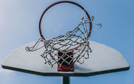 Low angle view of a basketball hoop against a clear blue sky, symbolizing sports and outdoor recreation.