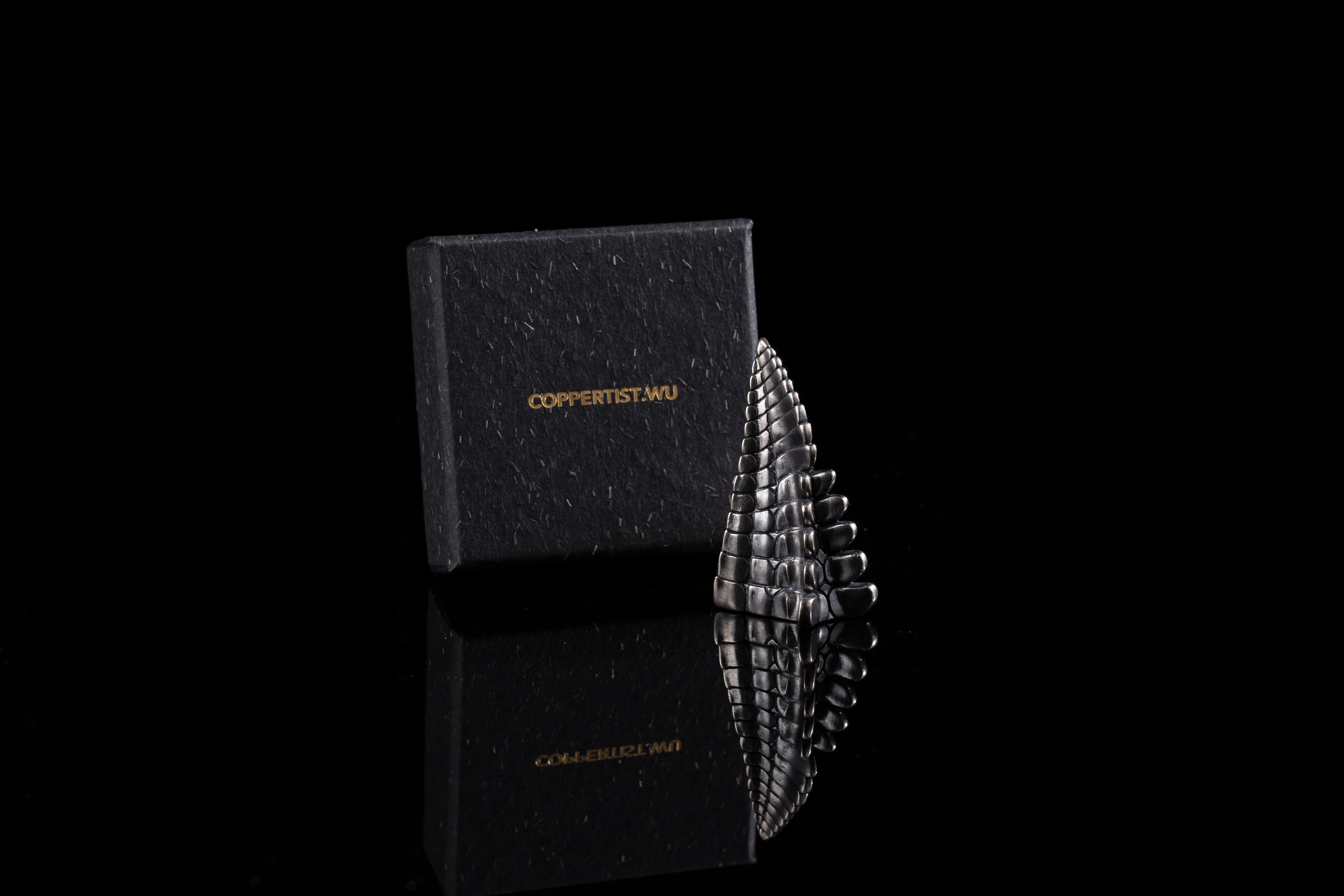 Silver crocodile ring holder with box on black background, perfect for luxury and elegance.