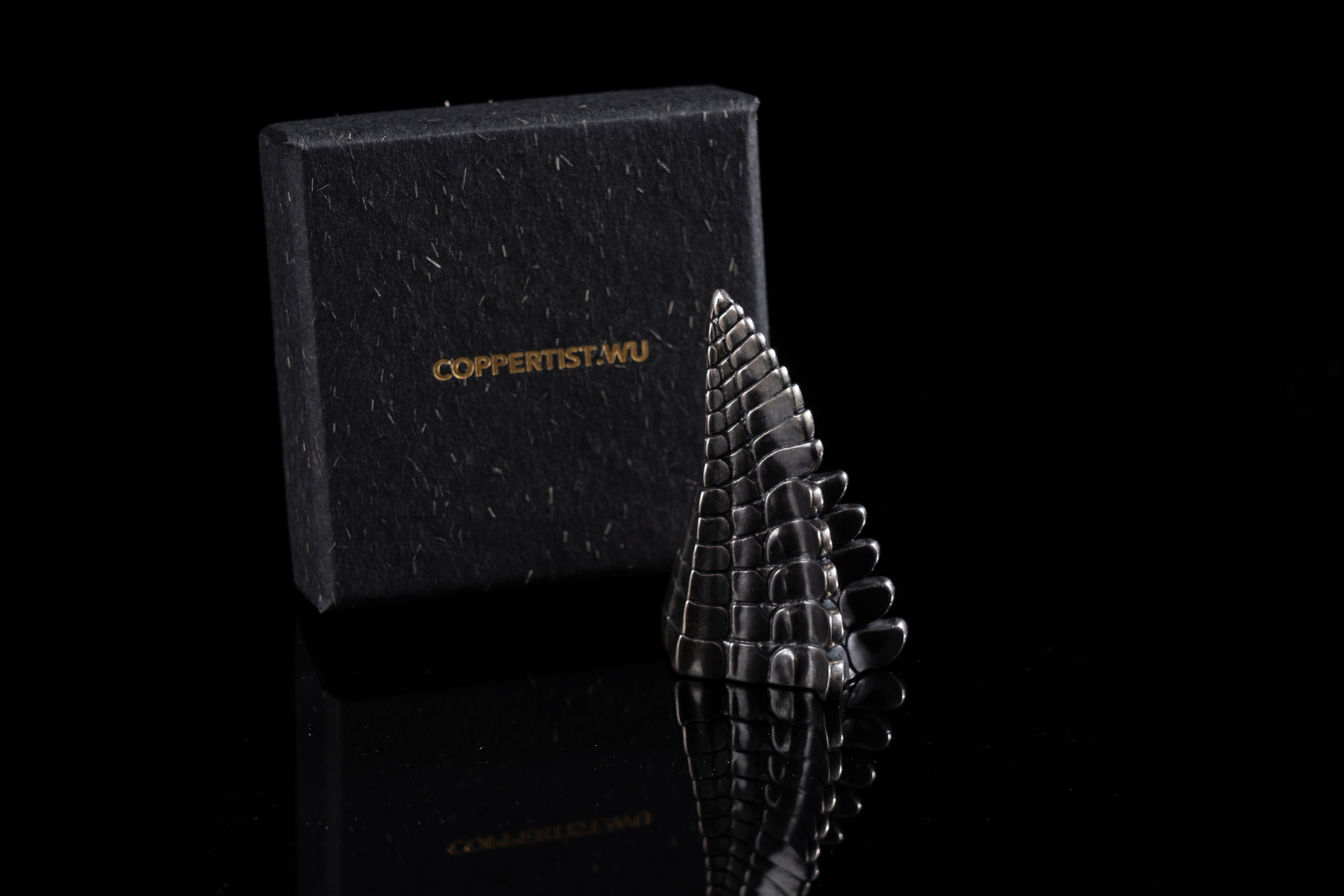 Sleek modern metal sculpture with reflection beside Coppertist jewelry box.