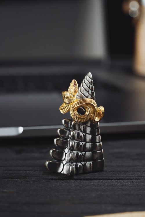 Free Close-up of a gold snake coiled around a metal pyramid sculpture with a blurred laptop in the background. Stock Photo