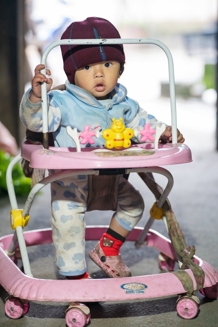 Cute Toddler In Walker Outdoors