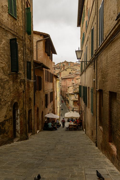Free Discover a picturesque narrow street in Siena, Italy, adorned with rustic buildings and vibrant umbrellas. Stock Photo