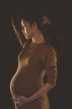Profile view of a pregnant woman wearing a brown dress against a dark background. - Fotografer Sidoarjo